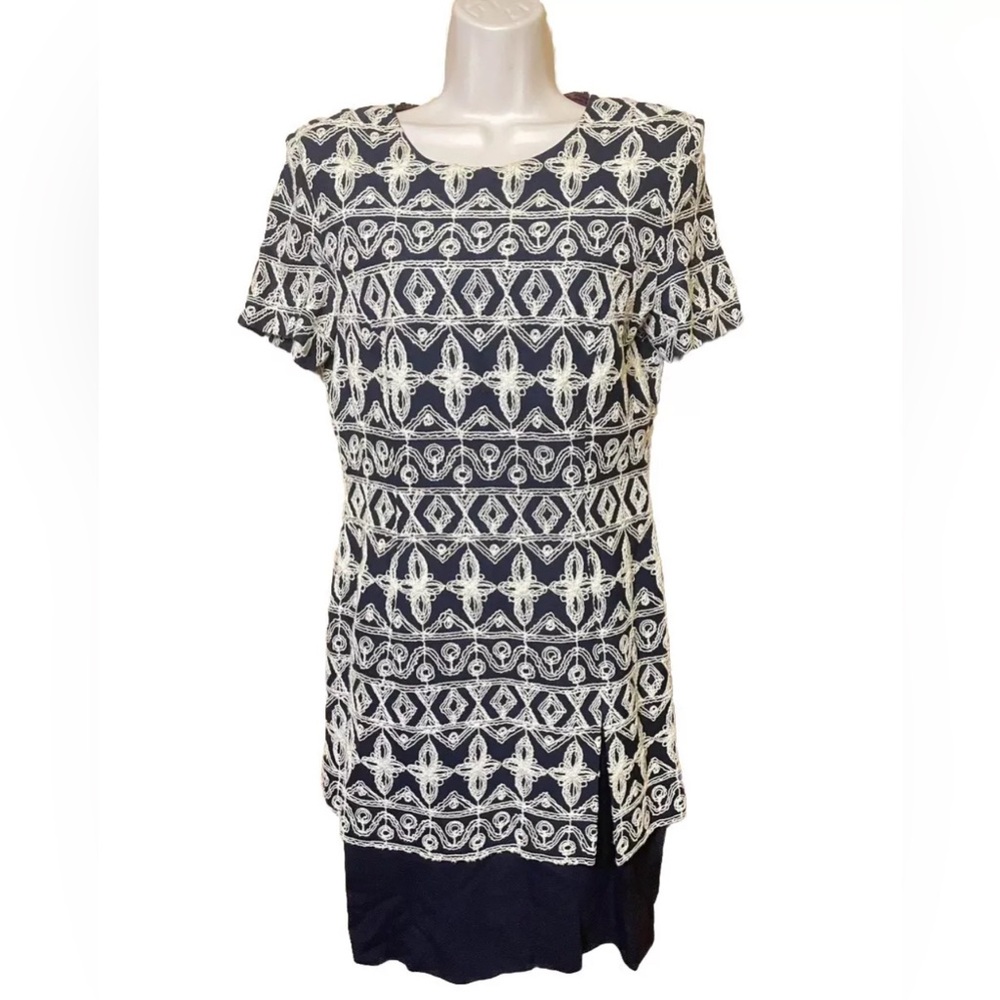 Vintage 1970s Yves Cossette Depeche Mode Size 6 Navy & Ivory Embroidered Dress
